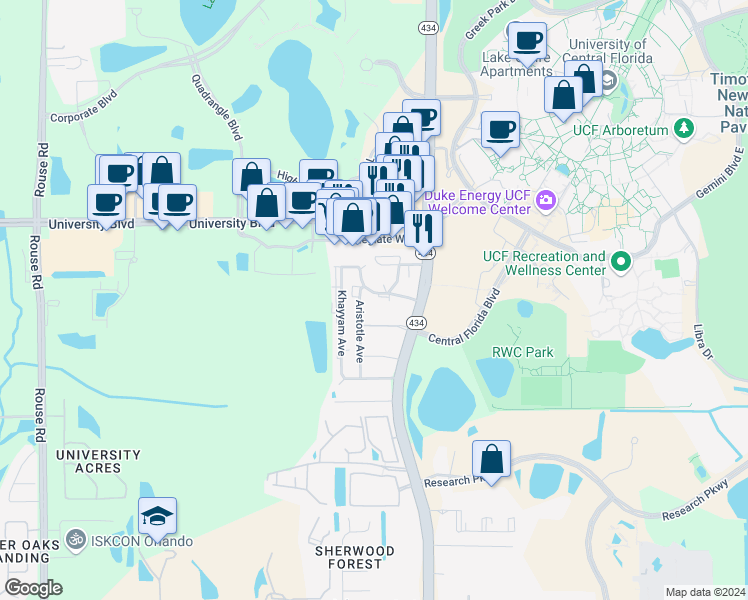 map of restaurants, bars, coffee shops, grocery stores, and more near 12001-121199,12000-121198 Descartes Court in Orlando