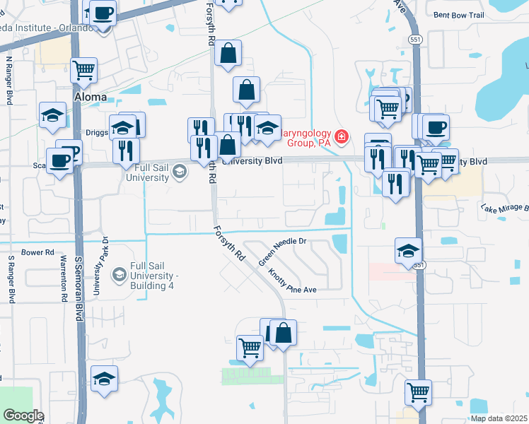 map of restaurants, bars, coffee shops, grocery stores, and more near 7019 Mills Road in Winter Park