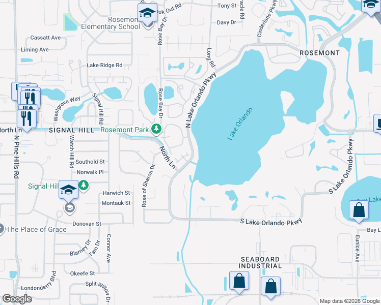 map of restaurants, bars, coffee shops, grocery stores, and more near 4558 North Lake Orlando Parkway in Orlando