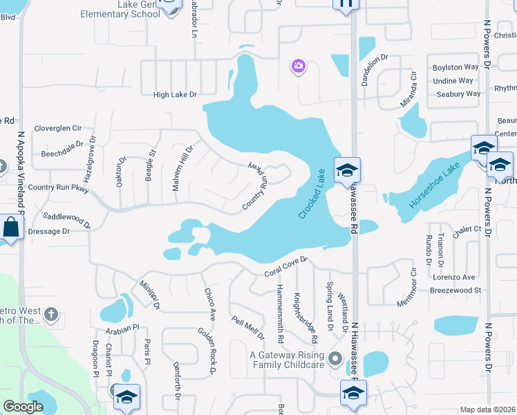 map of restaurants, bars, coffee shops, grocery stores, and more near 7538 Country Run Parkway in Orlando