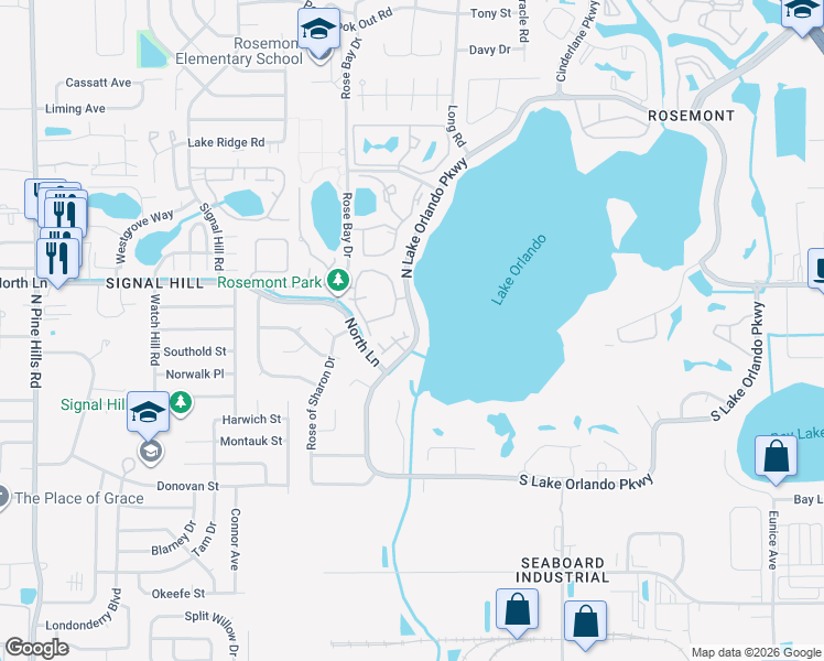 map of restaurants, bars, coffee shops, grocery stores, and more near 4558 North Lake Orlando Parkway in Orlando
