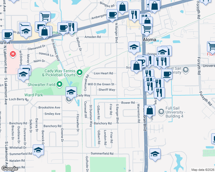 map of restaurants, bars, coffee shops, grocery stores, and more near 2851 Sheriff Way in Winter Park