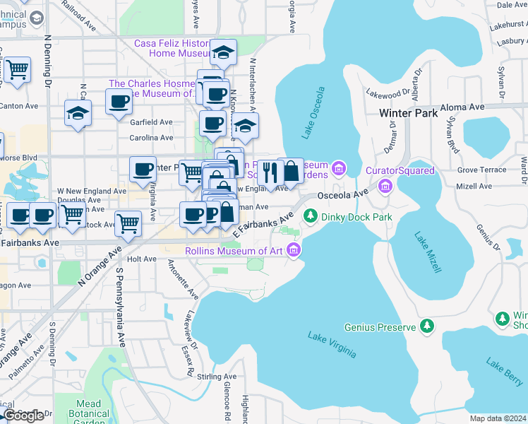 map of restaurants, bars, coffee shops, grocery stores, and more near 338 East Lyman Avenue in Winter Park