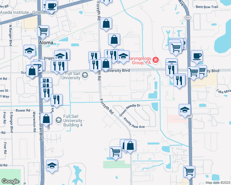map of restaurants, bars, coffee shops, grocery stores, and more near 6927 Mills Road in Winter Park