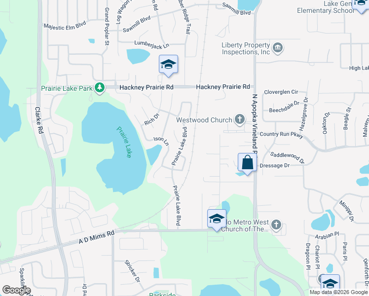 map of restaurants, bars, coffee shops, grocery stores, and more near 1607 Prairie Lake Boulevard in Ocoee