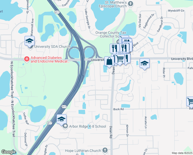 map of restaurants, bars, coffee shops, grocery stores, and more near 3915 Stonehaven Road in Orlando