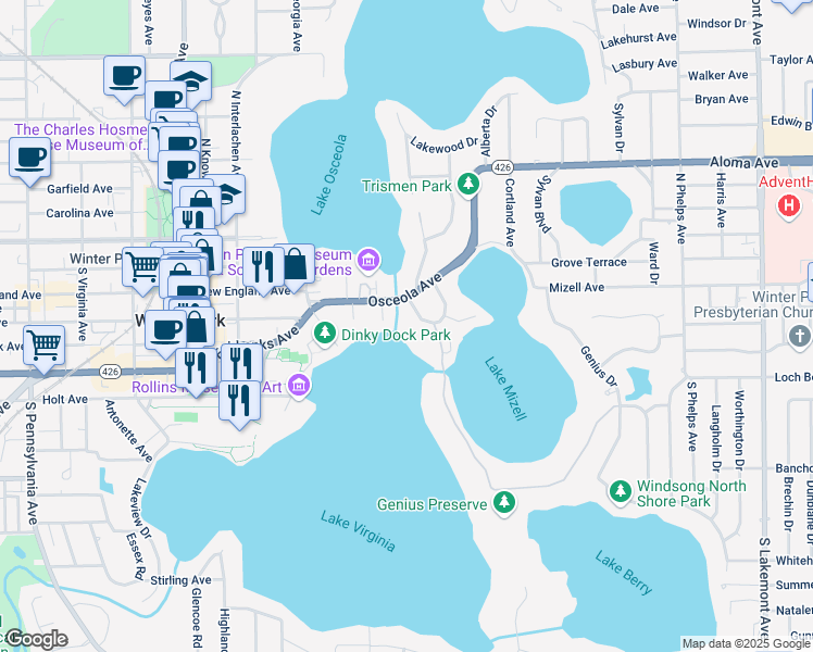 map of restaurants, bars, coffee shops, grocery stores, and more near 354 Henkel Circle in Winter Park