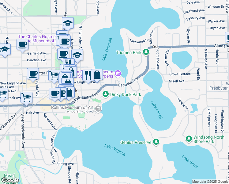 map of restaurants, bars, coffee shops, grocery stores, and more near 644 Osceola Avenue in Winter Park