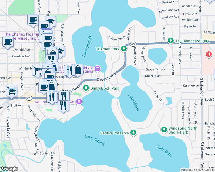 map of restaurants, bars, coffee shops, grocery stores, and more near 354 Henkel Circle in Winter Park