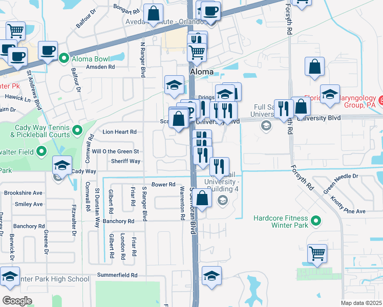 map of restaurants, bars, coffee shops, grocery stores, and more near 242 South Semoran Boulevard in Winter Park