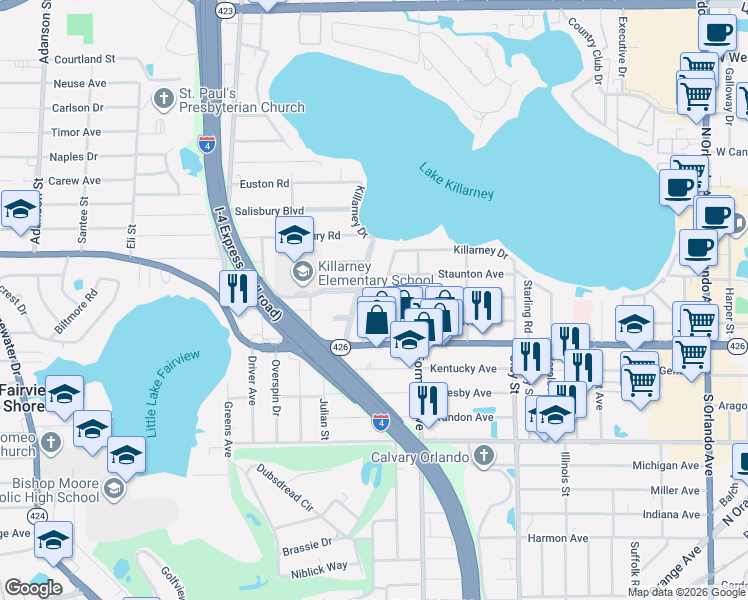 map of restaurants, bars, coffee shops, grocery stores, and more near 267 Orange Terrace Drive in Winter Park