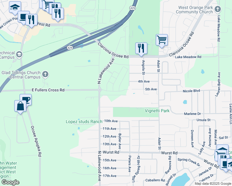 map of restaurants, bars, coffee shops, grocery stores, and more near 1907 North Lakewood Avenue in Ocoee