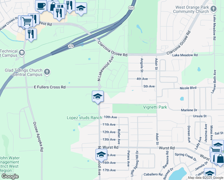 map of restaurants, bars, coffee shops, grocery stores, and more near 1909 North Lakewood Avenue in Ocoee
