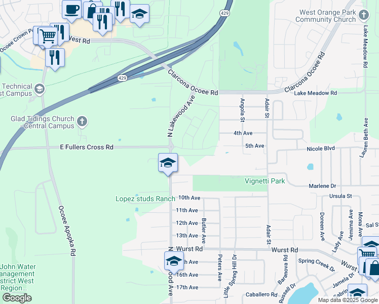 map of restaurants, bars, coffee shops, grocery stores, and more near 1909 North Lakewood Avenue in Ocoee