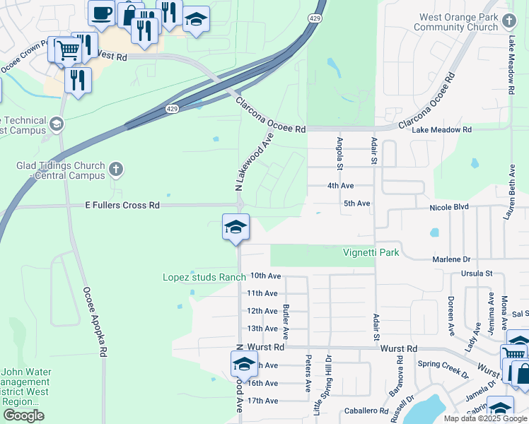 map of restaurants, bars, coffee shops, grocery stores, and more near 1909 North Lakewood Avenue in Ocoee