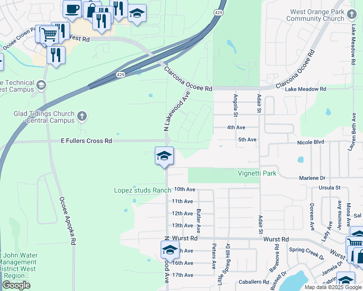 map of restaurants, bars, coffee shops, grocery stores, and more near 1909 North Lakewood Avenue in Ocoee