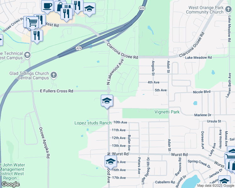 map of restaurants, bars, coffee shops, grocery stores, and more near 1909 North Lakewood Avenue in Ocoee