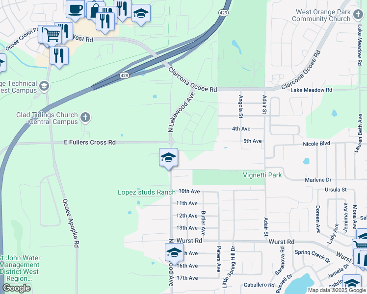 map of restaurants, bars, coffee shops, grocery stores, and more near 1909 North Lakewood Avenue in Ocoee