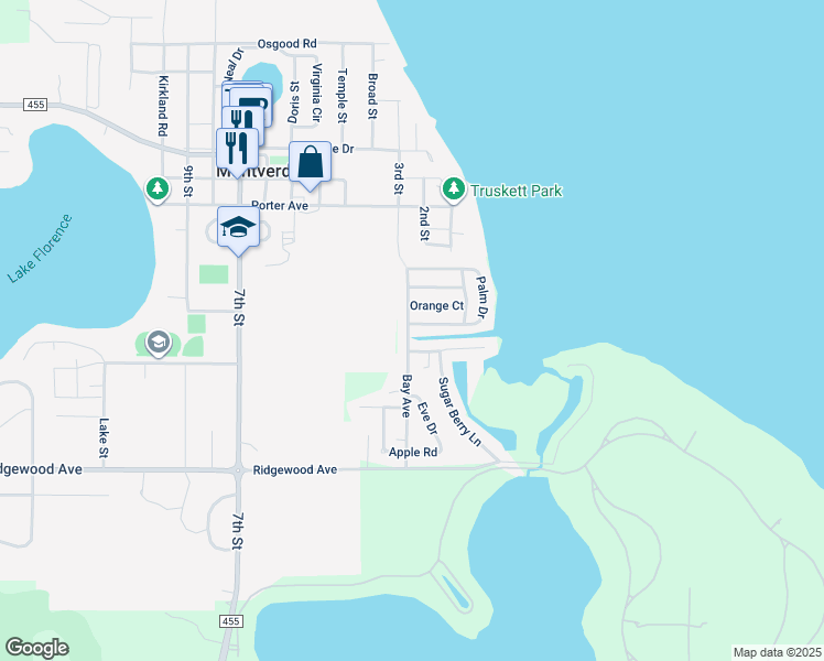 map of restaurants, bars, coffee shops, grocery stores, and more near 17339 Raintree Court in Montverde