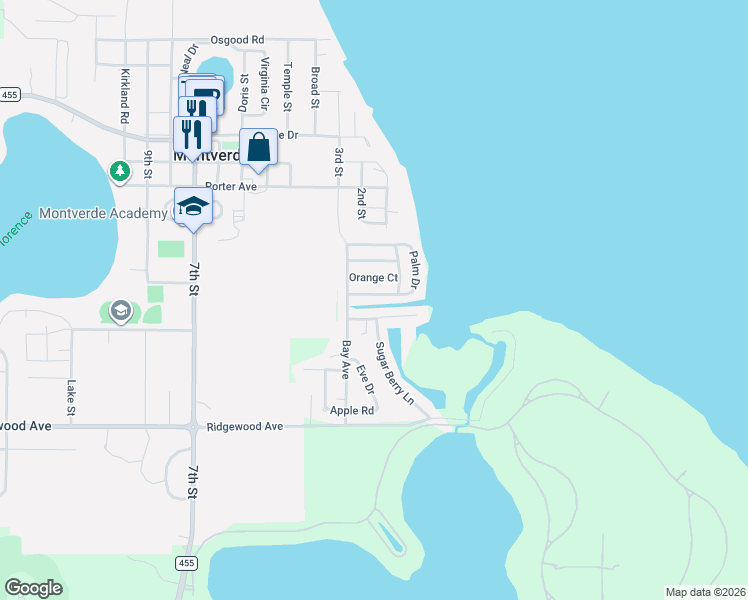 map of restaurants, bars, coffee shops, grocery stores, and more near 17339 Raintree Court in Montverde