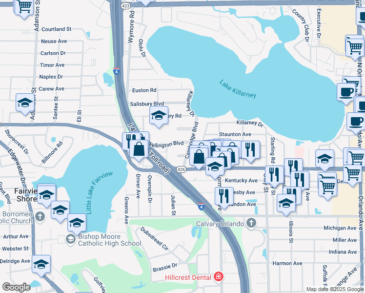 map of restaurants, bars, coffee shops, grocery stores, and more near 2323 Devon Court in Winter Park