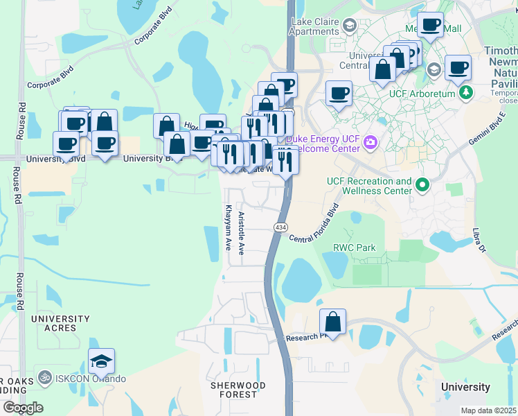 map of restaurants, bars, coffee shops, grocery stores, and more near 12001-121199,12000-121198 Descartes Court in Orlando