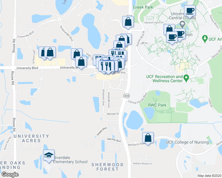 map of restaurants, bars, coffee shops, grocery stores, and more near 12001-121199,12000-121198 Descartes Court in Orlando