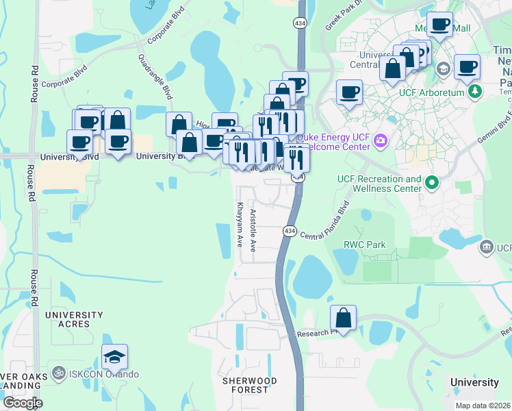 map of restaurants, bars, coffee shops, grocery stores, and more near 12001-121199,12000-121198 Descartes Court in Orlando