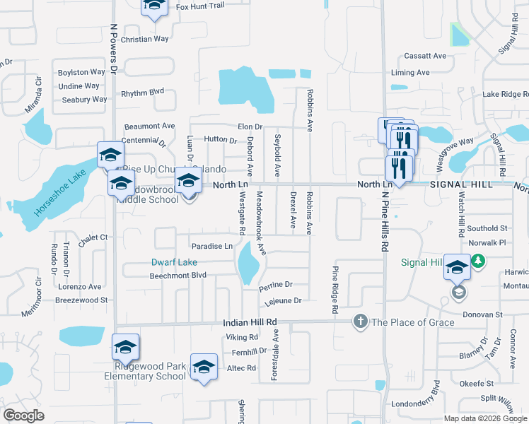 map of restaurants, bars, coffee shops, grocery stores, and more near 4119 Meadowbrook Avenue in Orlando