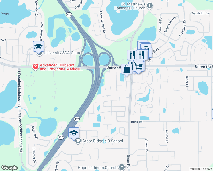 map of restaurants, bars, coffee shops, grocery stores, and more near 9805 Heaton Court in Orlando