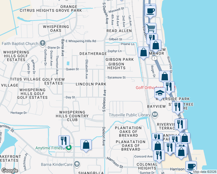 map of restaurants, bars, coffee shops, grocery stores, and more near 1705 South Deleon Avenue in Titusville
