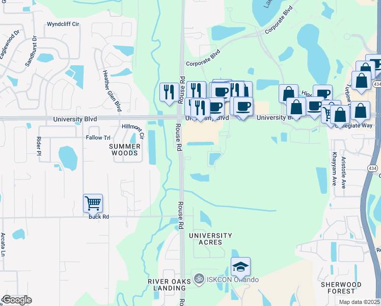 map of restaurants, bars, coffee shops, grocery stores, and more near 3211 Rouse Road in Orlando