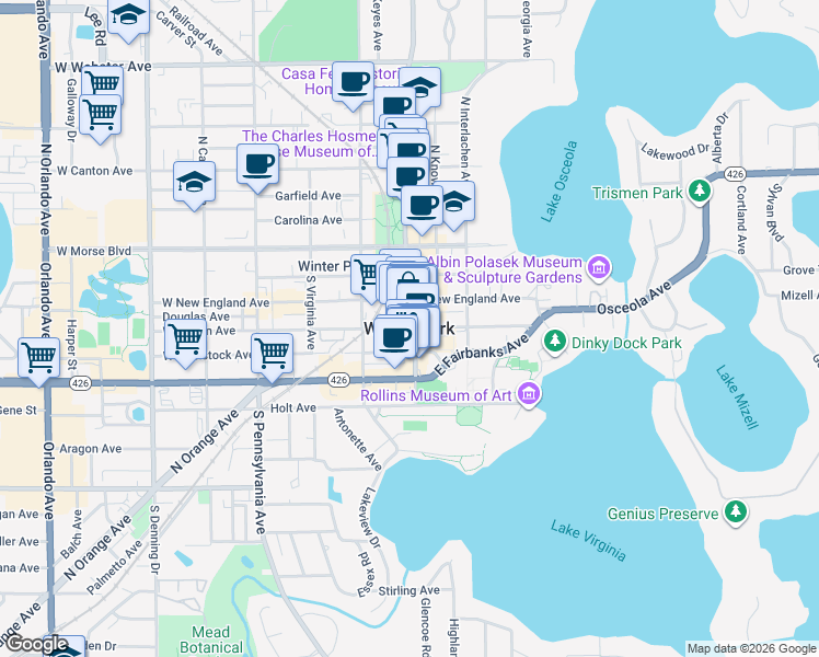 map of restaurants, bars, coffee shops, grocery stores, and more near in Winter Park