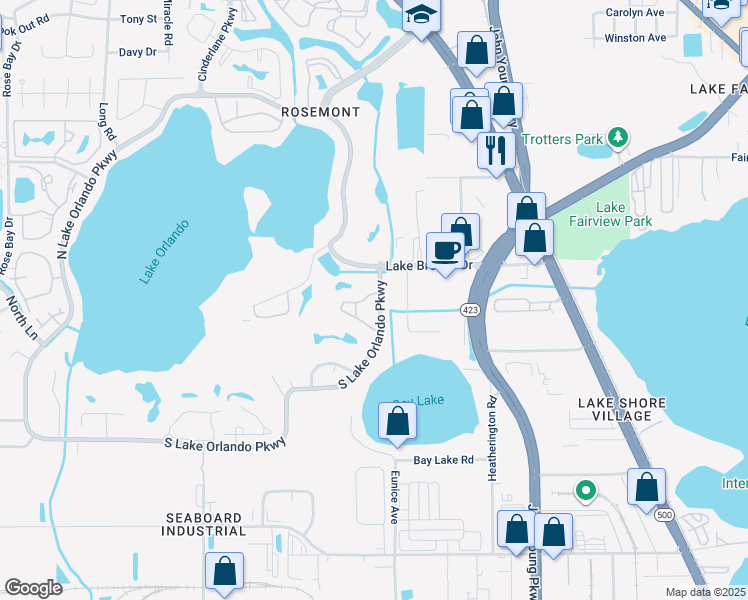 map of restaurants, bars, coffee shops, grocery stores, and more near 3729 South Lake Orlando Parkway in Orlando