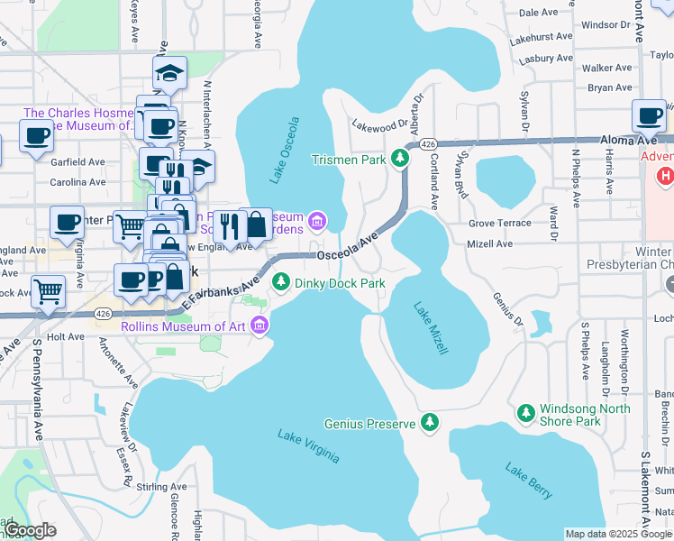 map of restaurants, bars, coffee shops, grocery stores, and more near 354 Henkel Circle in Winter Park