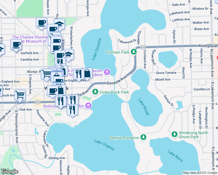 map of restaurants, bars, coffee shops, grocery stores, and more near 644 Osceola Avenue in Winter Park