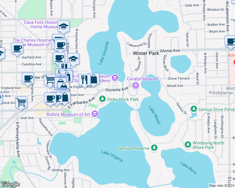 map of restaurants, bars, coffee shops, grocery stores, and more near 644 Osceola Avenue in Winter Park