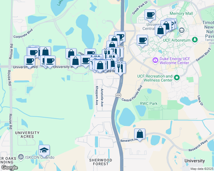 map of restaurants, bars, coffee shops, grocery stores, and more near 12125 Napiers Circle in Orlando