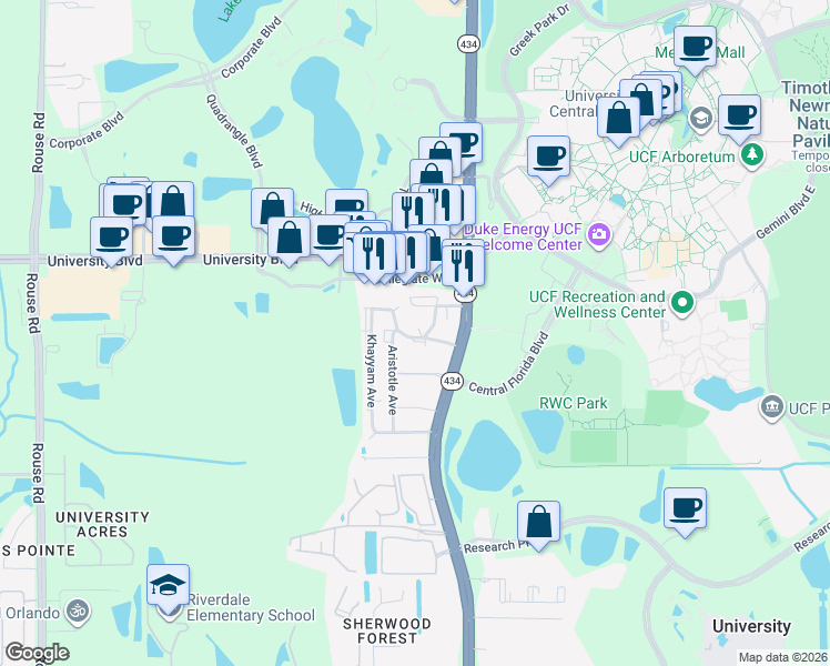 map of restaurants, bars, coffee shops, grocery stores, and more near 12129 Napiers Circle in Orlando
