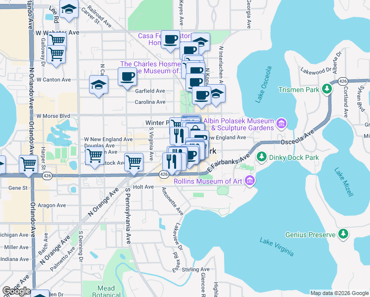map of restaurants, bars, coffee shops, grocery stores, and more near 217 West Comstock Avenue in Winter Park