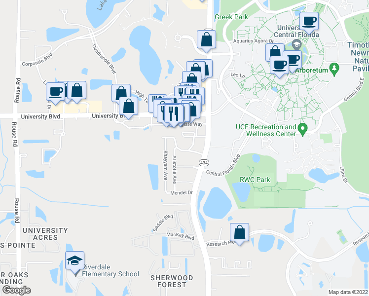 map of restaurants, bars, coffee shops, grocery stores, and more near 12127 Napiers Circle in Orlando