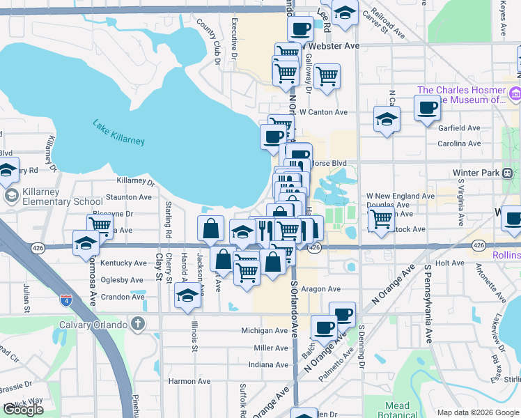 map of restaurants, bars, coffee shops, grocery stores, and more near 440 Shoreview Avenue in Winter Park