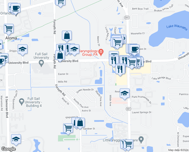 map of restaurants, bars, coffee shops, grocery stores, and more near 3830 Sutton Place Boulevard in Winter Park