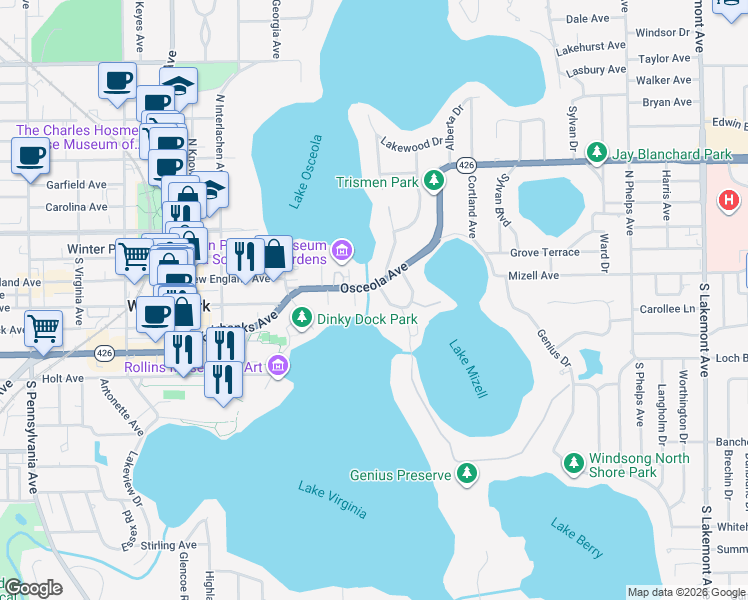map of restaurants, bars, coffee shops, grocery stores, and more near 354 Henkel Circle in Winter Park