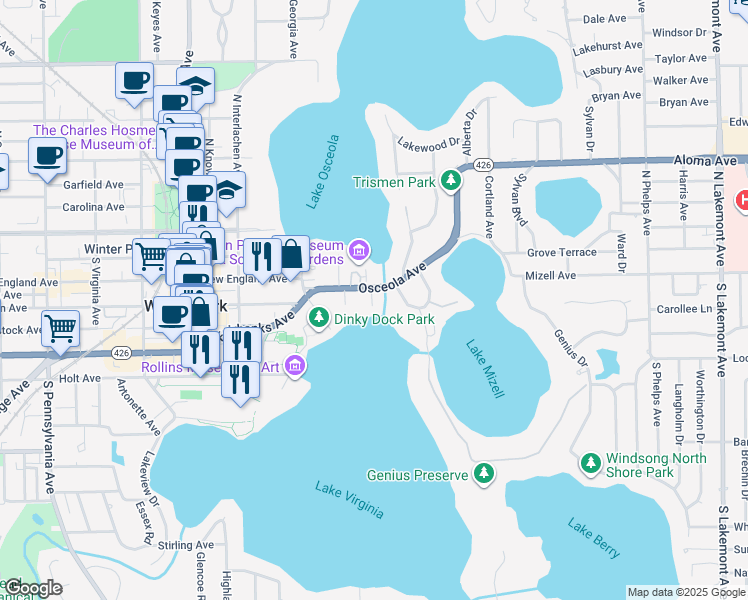 map of restaurants, bars, coffee shops, grocery stores, and more near 644 Osceola Avenue in Winter Park