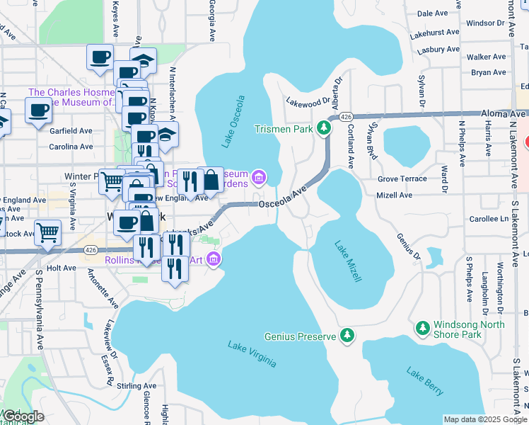 map of restaurants, bars, coffee shops, grocery stores, and more near 644 Osceola Avenue in Winter Park