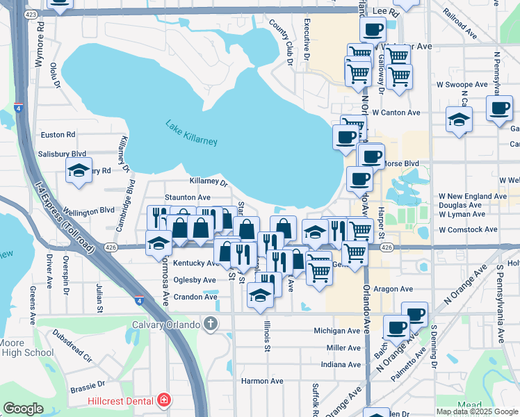 map of restaurants, bars, coffee shops, grocery stores, and more near 353 Blue Heron Drive in Winter Park