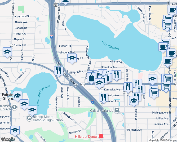 map of restaurants, bars, coffee shops, grocery stores, and more near 267 Orange Terrace Drive in Winter Park