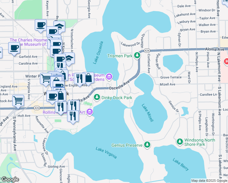 map of restaurants, bars, coffee shops, grocery stores, and more near 644 Osceola Avenue in Winter Park