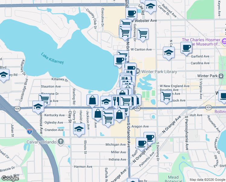 map of restaurants, bars, coffee shops, grocery stores, and more near 440 Shoreview Avenue in Winter Park